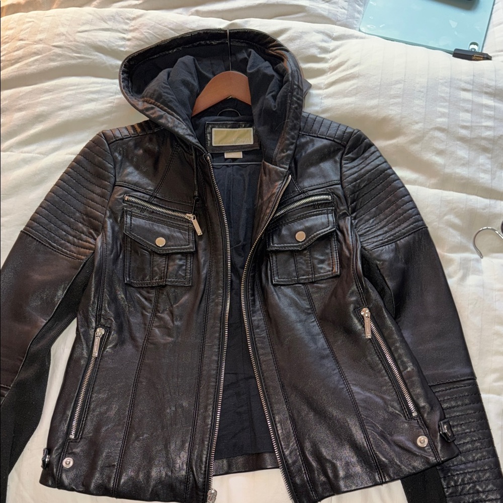 MICHAEL Michael Kors Black Hooded Leather Moto Jacket - Picture 3 of 6